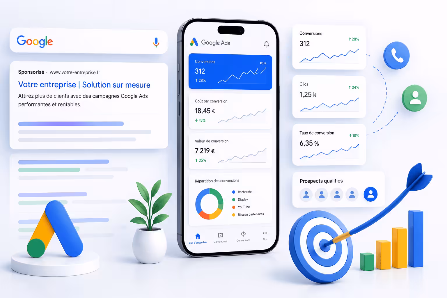 Illustration Google Ads affichant des campagnes publicitaires, statistiques de conversion, prospects qualifiés et tableau de bord marketing sur ordinateur et smartphone.
