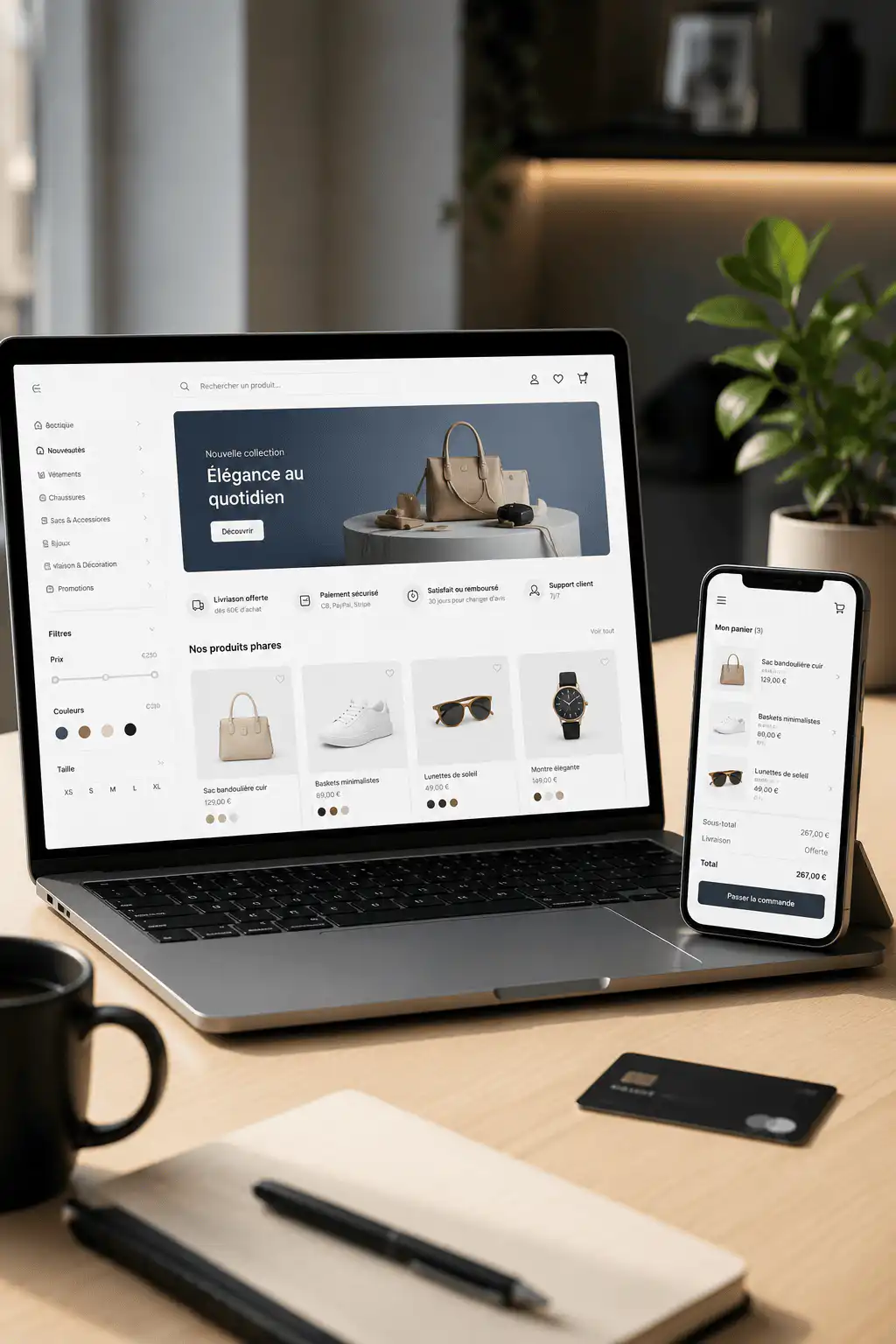 Ordinateur portable et smartphone affichant une boutique WooCommerce moderne avec catalogue produits, panier d'achat et paiement sécurisé.