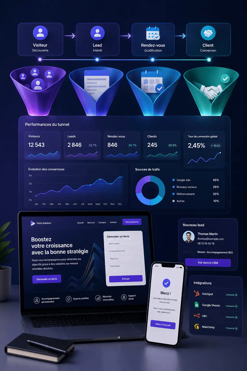 Illustration d'un tunnel de vente digital montrant le parcours visiteur, lead, rendez-vous et client avec tableau de bord de suivi des conversions.