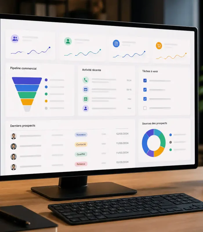 Dashboard CRM Laravel permettant de gérer les prospects, les clients, les devis et le suivi commercial.